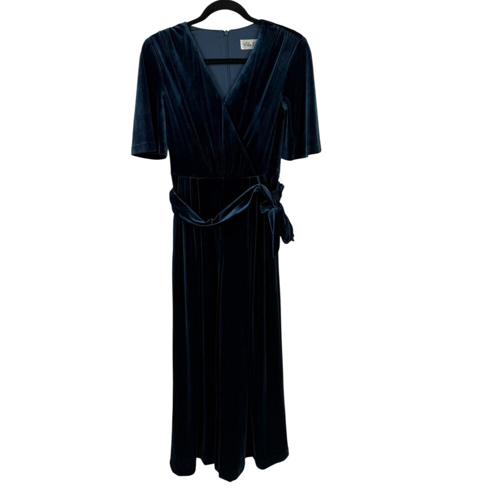 Eliza J wide leg faux wrap velvet Jumpsuit blue size 2 - Picture 2 of 7